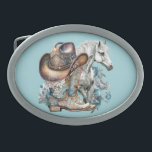 Cowgirl horse cowboy boots hat floral western  belt buckle<br><div class="desc">Cowgirl,  horse lover design with cowboy boots,  cowboy hat,  a beautiful horse,  turquoise flowers and personalised name or any text. Western,  country design.</div>
