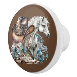 Cowgirl horse cowboy boots hat floral western ceramic knob