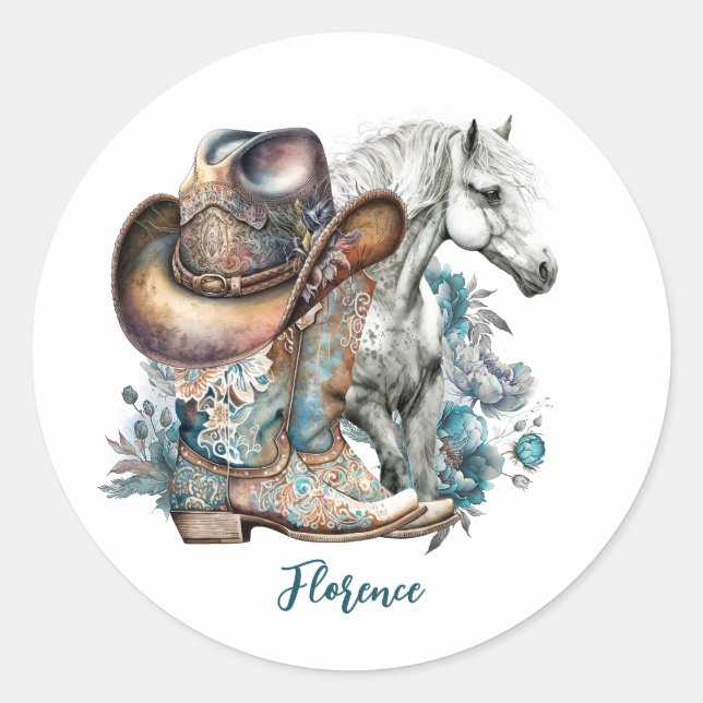 Cowgirl horse cowboy boots hat floral western  classic round sticker (Front)