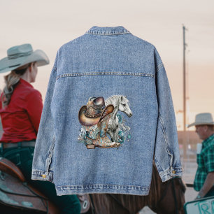 Cowgirl horse cowboy boots hat floral western denim jacket