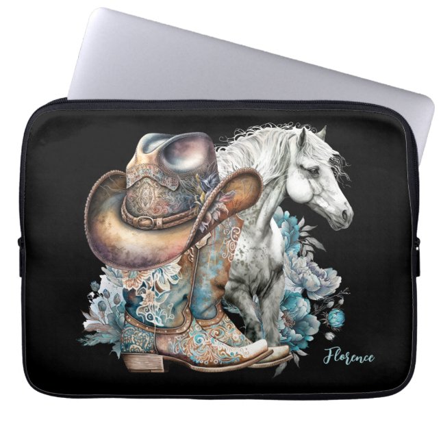 Cowgirl horse cowboy boots hat floral western  laptop sleeve (Front)