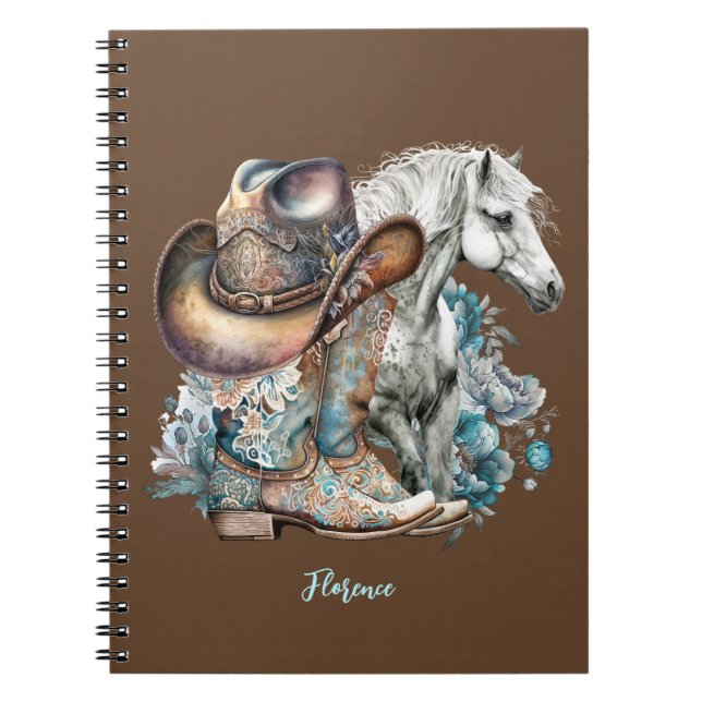Cowgirl horse cowboy boots hat floral western  notebook (Front)