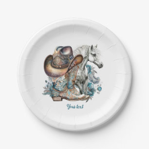 Cowgirl horse cowboy boots hat floral western paper plate