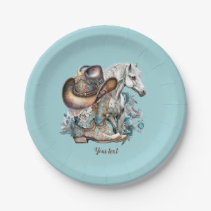 Cowgirl horse cowboy boots hat floral western  paper plate