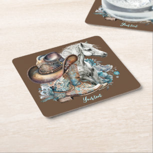 Cowgirl horse cowboy boots hat floral western square paper coaster