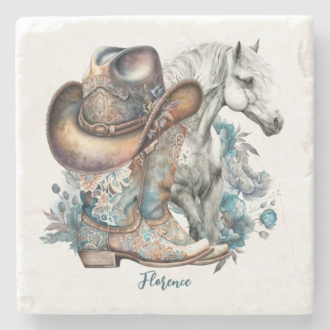 Cowgirl horse cowboy boots hat floral western  stone coaster (Front)
