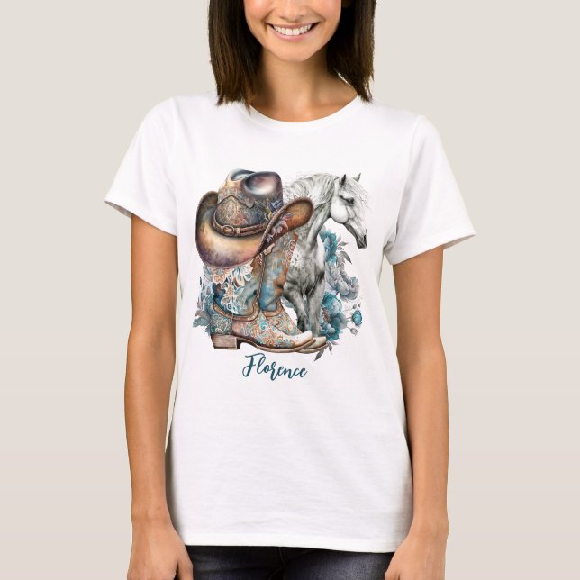 Cowgirl horse cowboy boots hat floral western  T-Shirt (Front)
