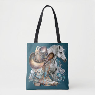 Cowgirl horse cowboy boots hat floral western  tote bag