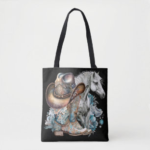 Cowgirl horse cowboy boots hat floral western  tote bag