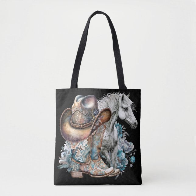 Cowgirl horse cowboy boots hat floral western  tote bag (Front)