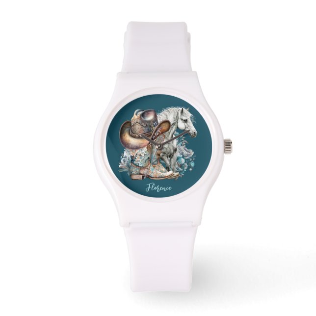 Cowgirl horse cowboy boots hat floral western  watch (Front)