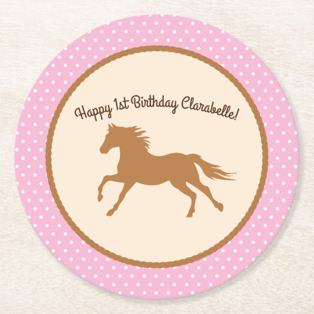 Cowgirl Horse Kid's Birthday Party Round Paper Coaster (Front)