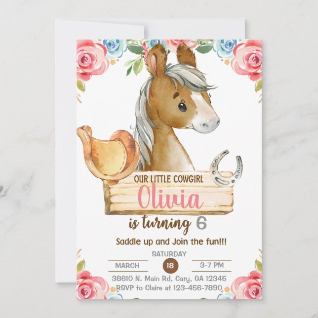 Cowgirl, horse, riding, girl birthday invitation. invitation (Front)