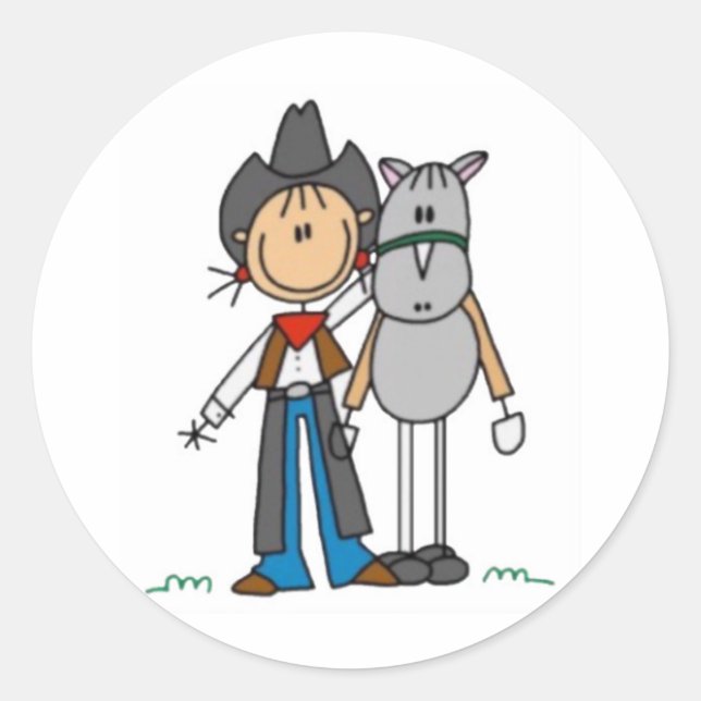 Cowgirl & Horse Stick Figure Classic Round Sticker (Front)