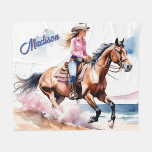 Cowgirl Horseback Riding on Beach by Ocean Custom Fleece Blanket
