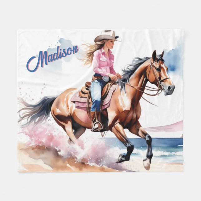 Cowgirl Horseback Riding on Beach by Ocean Custom Fleece Blanket (Front (Horizontal))