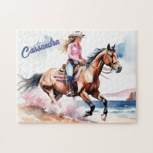 Cowgirl Horseback Riding on Beach by Ocean Custom Jigsaw Puzzle