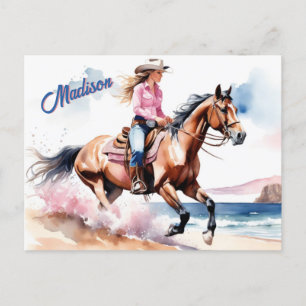 Cowgirl Horseback Riding on Beach by Ocean Custom Postcard
