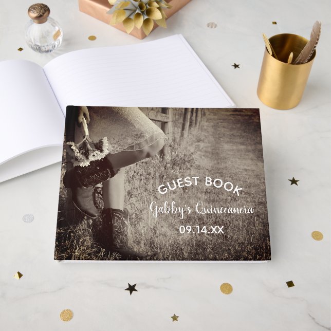 Cowgirl in Boots with Sunflowers Quinceanera Guest Book (Front Open)