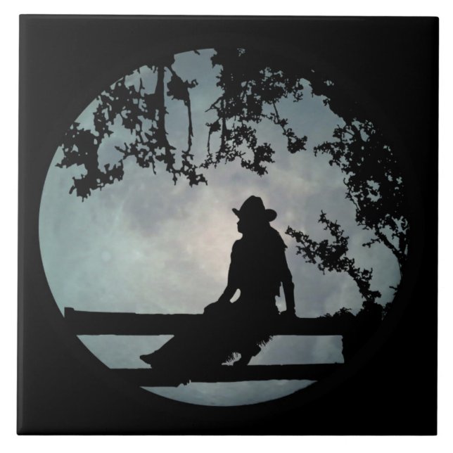 Cowgirl in Full Moon Art Tile (Front)