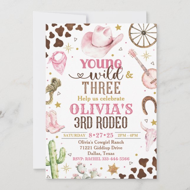 Cowgirl Invitation, Young Wild & Three, 3rd Rodeo Invitation (Front)