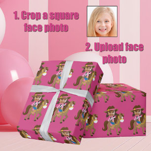 Cowgirl Kids Face Photo Cute Pink Custom Wrapping Paper