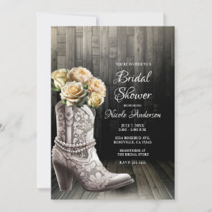 Cowgirl Lace Boots & White Flowers Rustic Bridal  Invitation