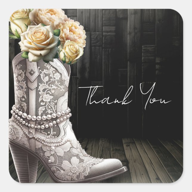Cowgirl Lace Boots & White Flowers Rustic Bridal  Square Sticker (Front)