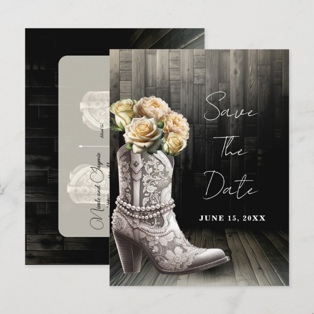 Cowgirl Lace Boots & White Flowers Save the Date  Announcement Postcard (Front/Back)
