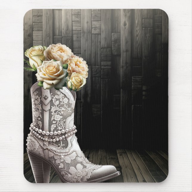 Cowgirl Lace & Pearls Boots White Flowers Rustic  Mouse Mat (Front)