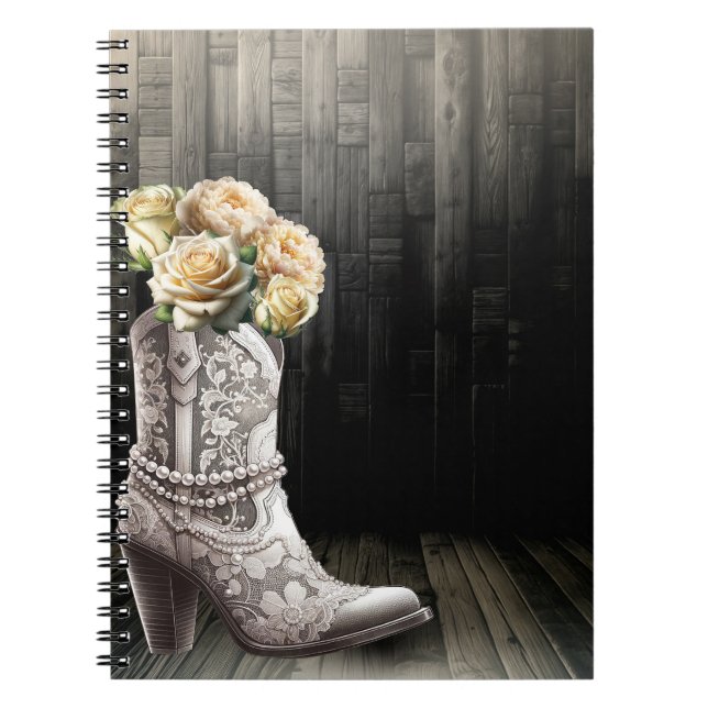 Cowgirl Lace & Pearls Boots White Flowers Rustic  Notebook (Front)
