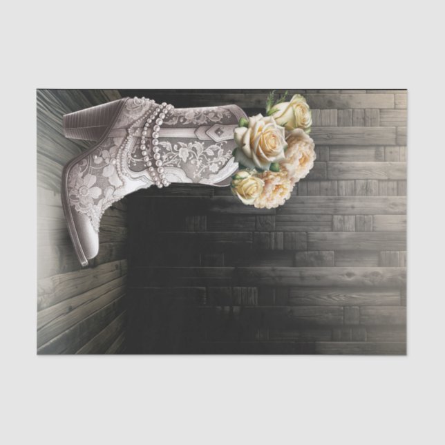 Cowgirl Lace & Pearls Boots White Flowers Rustic  Tissue Paper (Front)
