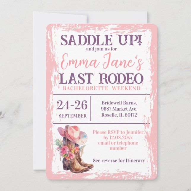 Cowgirl Last Rodeo Pink Bachelorette Weekend  Invitation (Front)