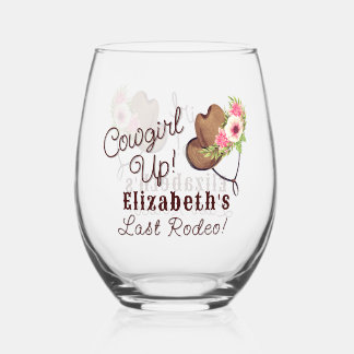 Cowgirl Last Rodeo Rustic Pink Floral Custom Stemless Wine Glass
