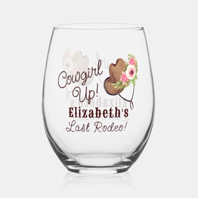 Cowgirl Last Rodeo Rustic Pink Floral Custom Stemless Wine Glass (Front)