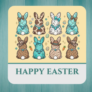 Cowgirl Leopard Print Blue Brown Easter Bunnies   Square Sticker