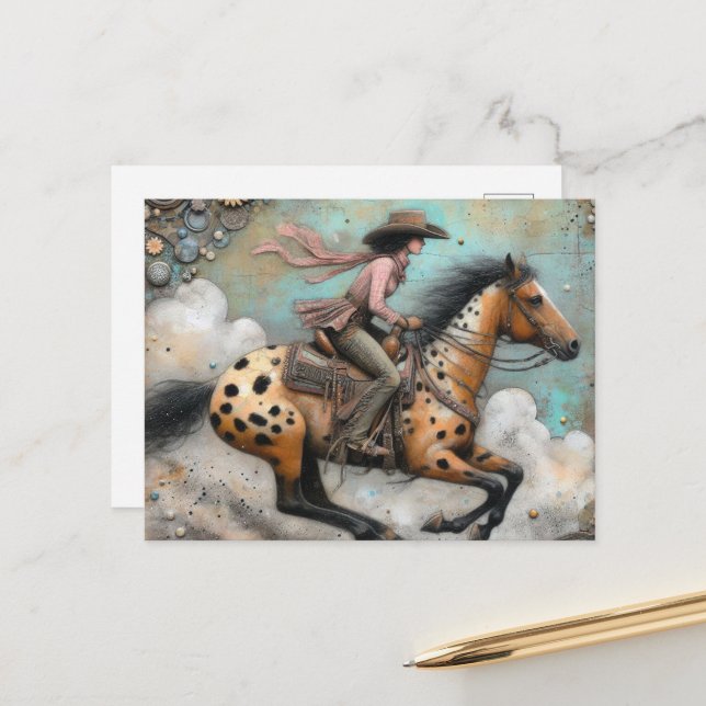 Cowgirl on a Appaloosa Horse Postcard (Front/Back In Situ)