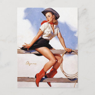Cowgirl on a Fence Pin-Up Postcard