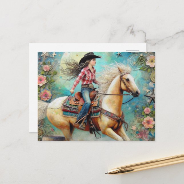 Cowgirl on a Palomino Pinto Horse Postcard (Front/Back In Situ)