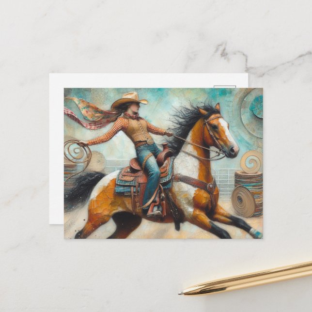 Cowgirl on a Pinto Horse Postcard (Front/Back In Situ)