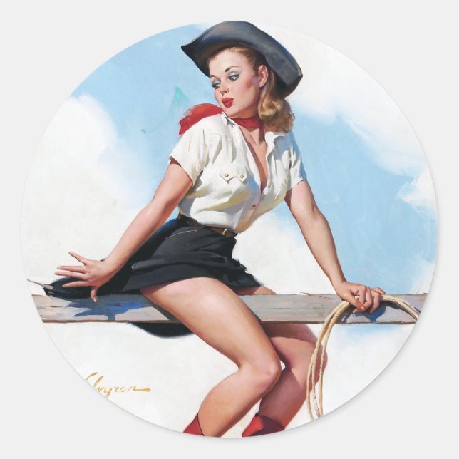 Cowgirl on Fence Pin Up Classic Round Sticker (Front)