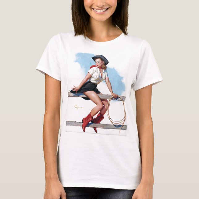 Cowgirl on Fence Pin Up T-Shirt (Front)