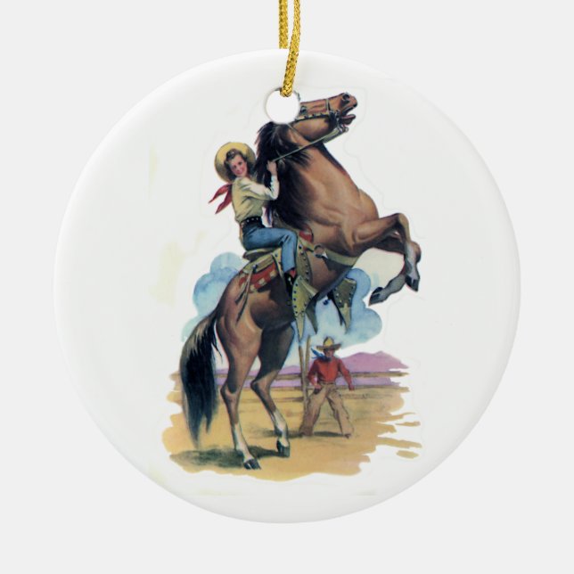 Cowgirl on Horse Ceramic Tree Decoration (Front)