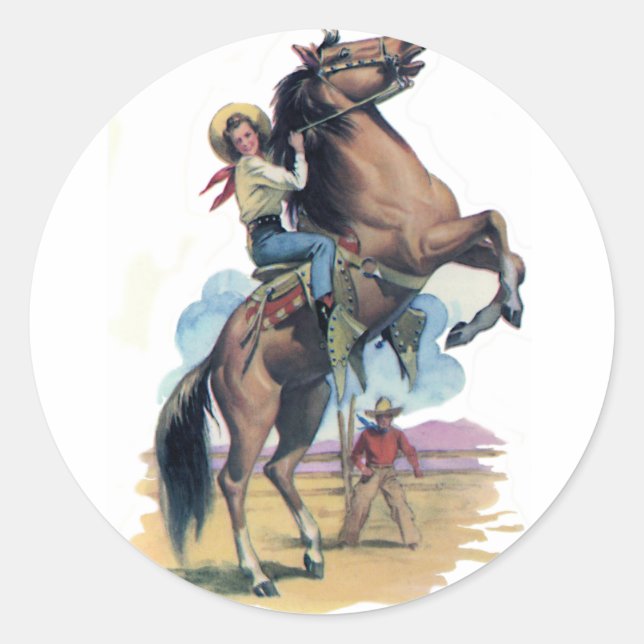 Cowgirl on Horse Classic Round Sticker (Front)