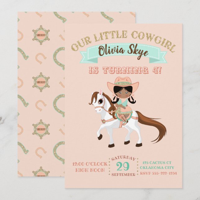 Cowgirl on Horse Girls Birthday Ethnic Invitation (Front/Back)