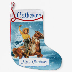 Cowgirl On Horse Winter Scene Small Christmas Stocking