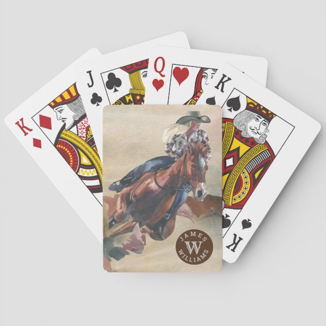 Cowgirl on Horseback Monogram Name Western Playing Cards (Back)