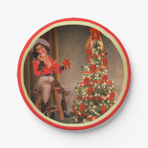 Cowgirl On Saddle With Christmas Tree Gold Red Paper Plate