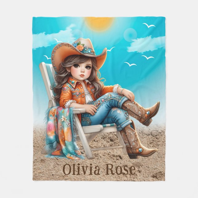 Cowgirl on the Beach Girl Birthday Party Gift Fleece Blanket (Front)