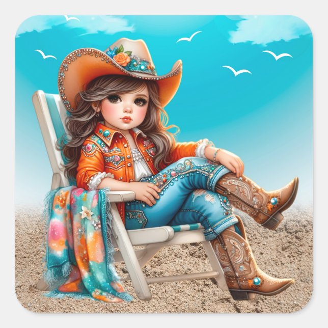 Cowgirl on the Beach Girl Birthday Party Square Sticker (Front)